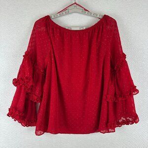 SAM &JESS RED OFF THE SHOULDER BLOUSE RUFFLED SHEER SWISS-DOT SLEEVES, SIZE S
